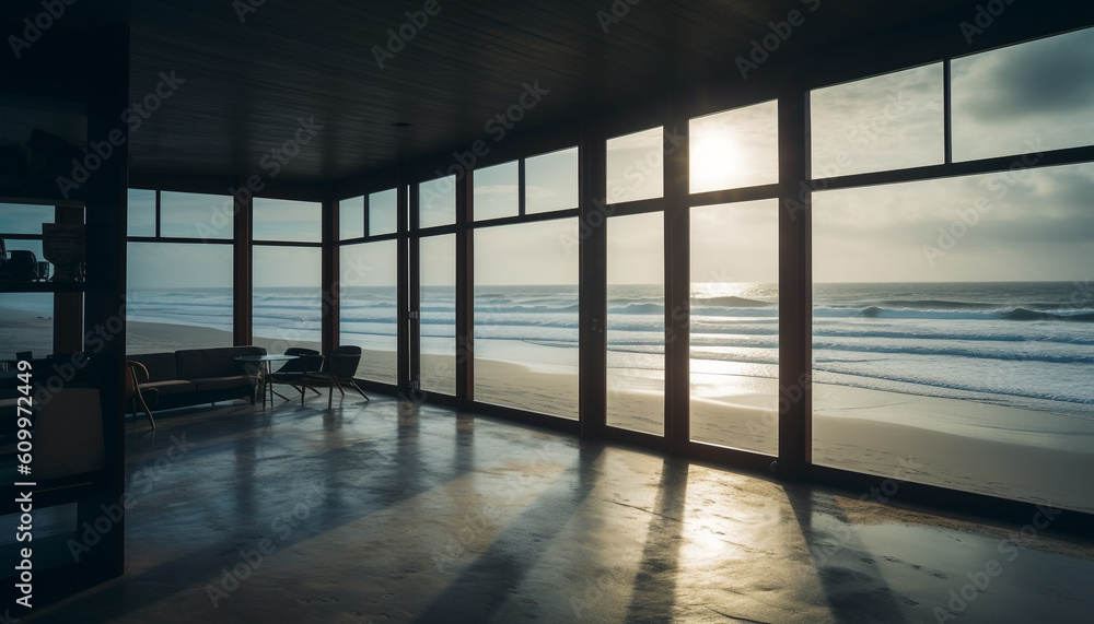 Tranquil sunset over modern apartment with empty chair by window generated by AI