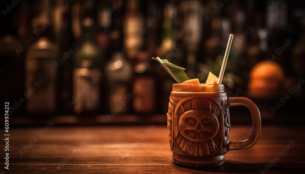 Rustic bar table with fresh cocktails and whiskey bottle decoration generated by AI