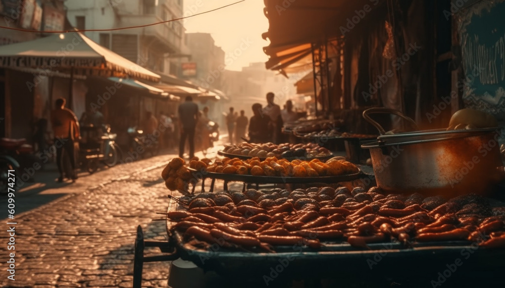 Grilled meat sizzles on coal as vendor sells to crowds generated by AI