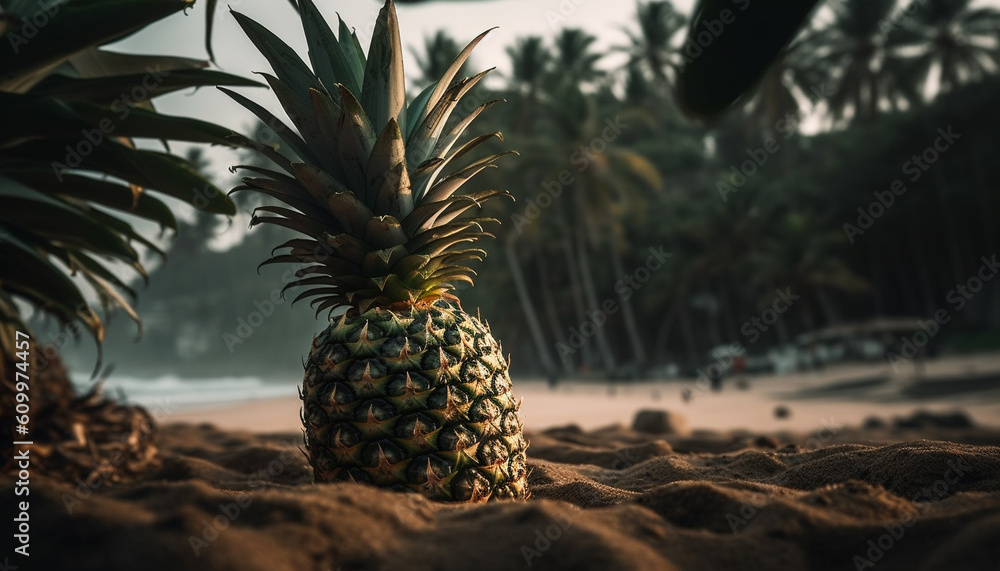 Ripe pineapple on green leaf, symbol of healthy tropical summer generated by AI