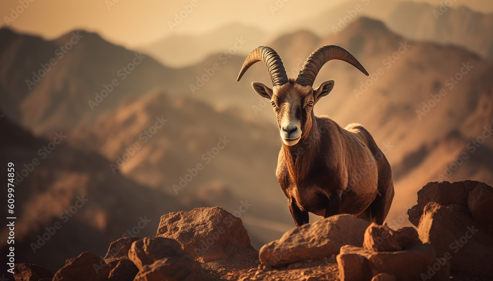 Horned mammal grazing on mountain meadow in backlit sunset generated by AI