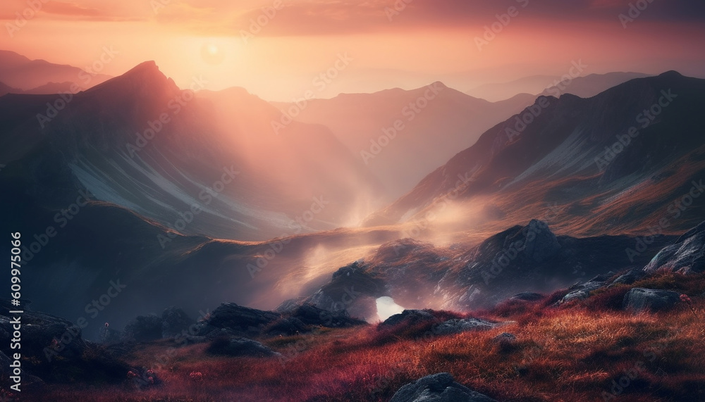 Majestic mountain range at dawn, tranquil meadow, men hiking adventure generated by AI