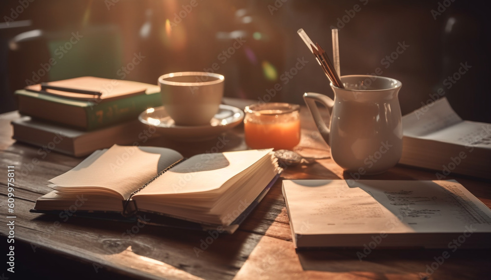 Old fashioned library desk with stack of literature, coffee cup, and pen generated by AI