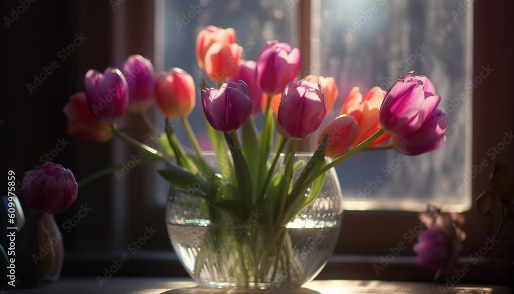 Vibrant bouquet of multi colored tulips brings freshness to indoors generated by AI