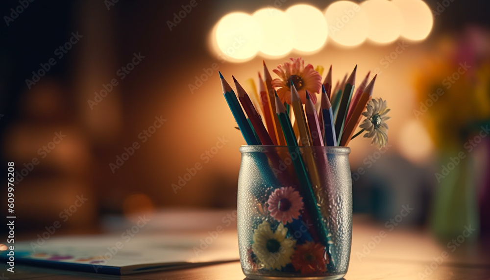 Creative desk decor vase, pencil, paper, flower, drink, colors generated by AI