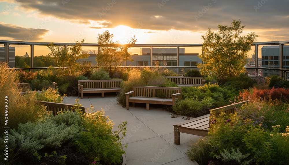 Sunset over modern architecture, nature beauty in tranquil formal garden generated by AI