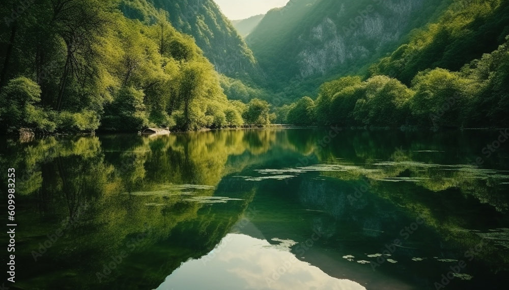 Majestic mountain range reflected in tranquil blue pond generated by AI