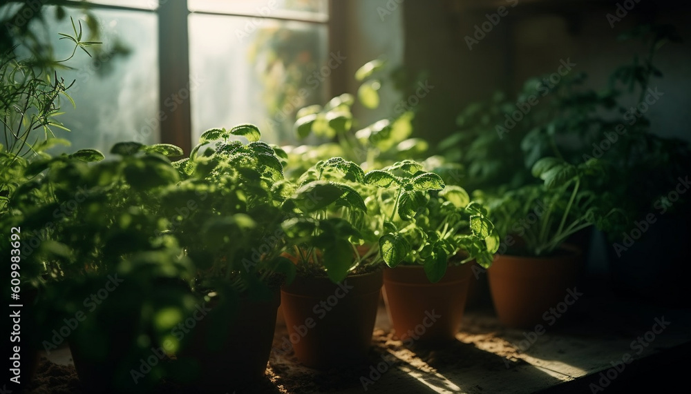 Fresh green leaves grow in the sunlight, beauty in nature generated by AI