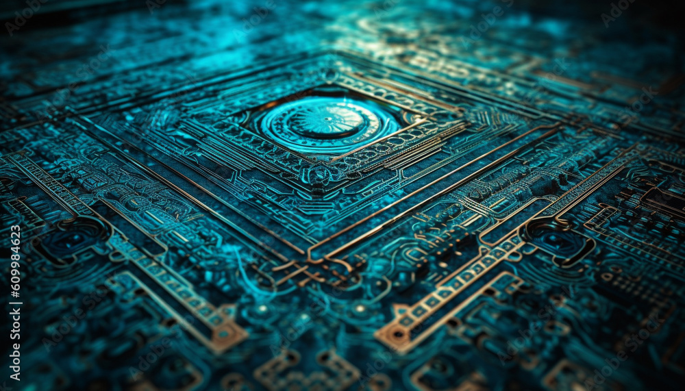 Abstract circuit board pattern in blue, glowing with electricity generated by AI