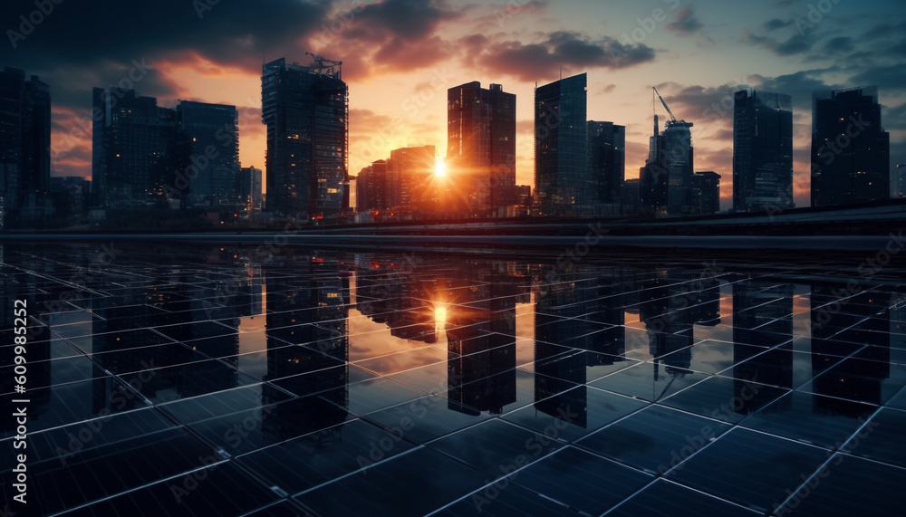 Modern city skyline reflects in waterfront at sunset, illuminating skyscrapers generated by AI