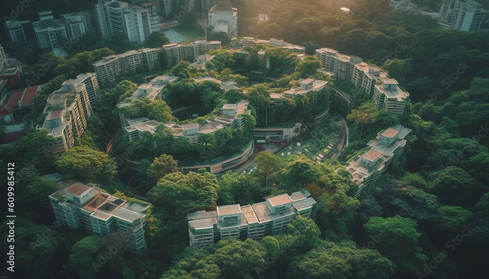 Panoramic aerial view of financial district skyscrapers at dusk generated by AI