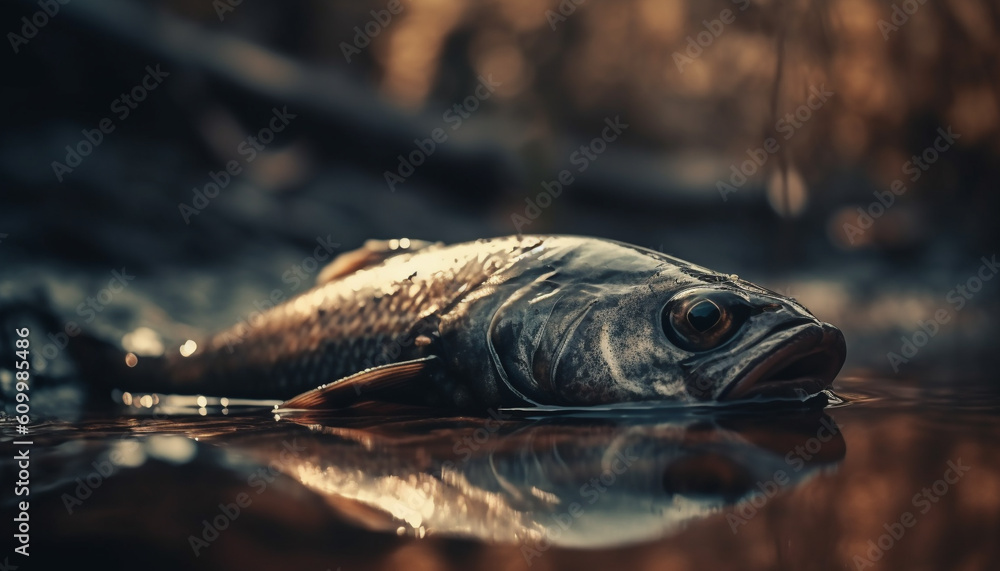 Tranquil scene of fish catching in dark forest by pond generated by AI