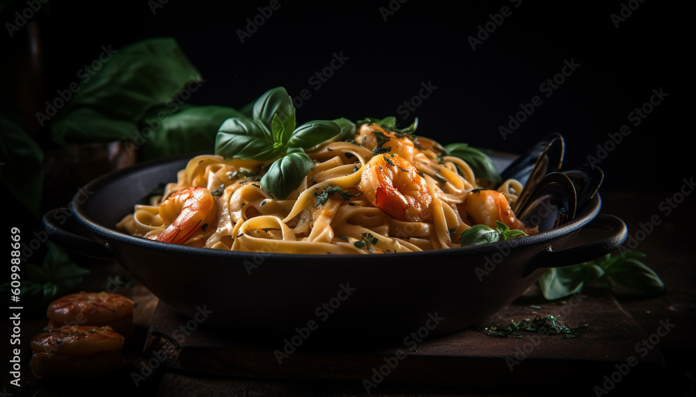 Freshly cooked gourmet pasta meal with seafood and healthy vegetables generated by AI