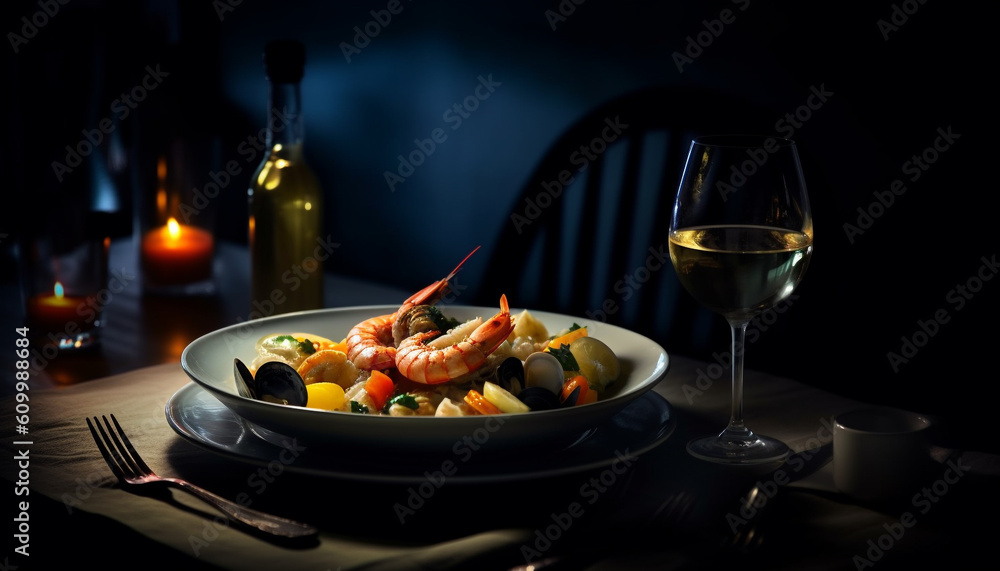 Grilled seafood plate with octopus, scampi, and crustacean elegance generated by AI