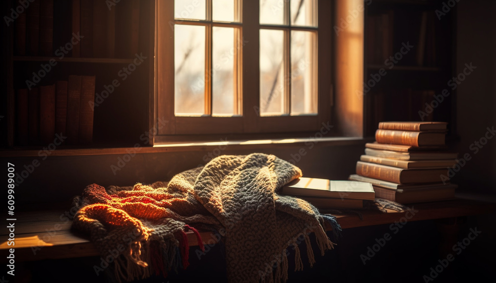 Cozy autumn bedroom with old fashioned bookshelf and rustic wood decor generated by AI