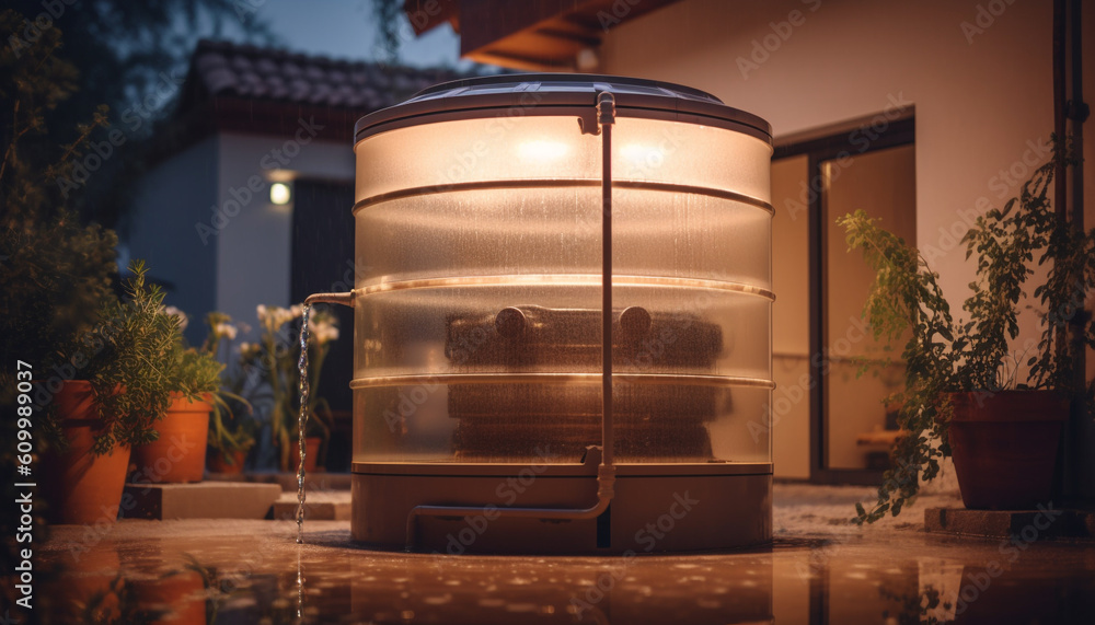 Old fashioned lantern illuminates outdoor table with wine and nature backdrop generated by AI