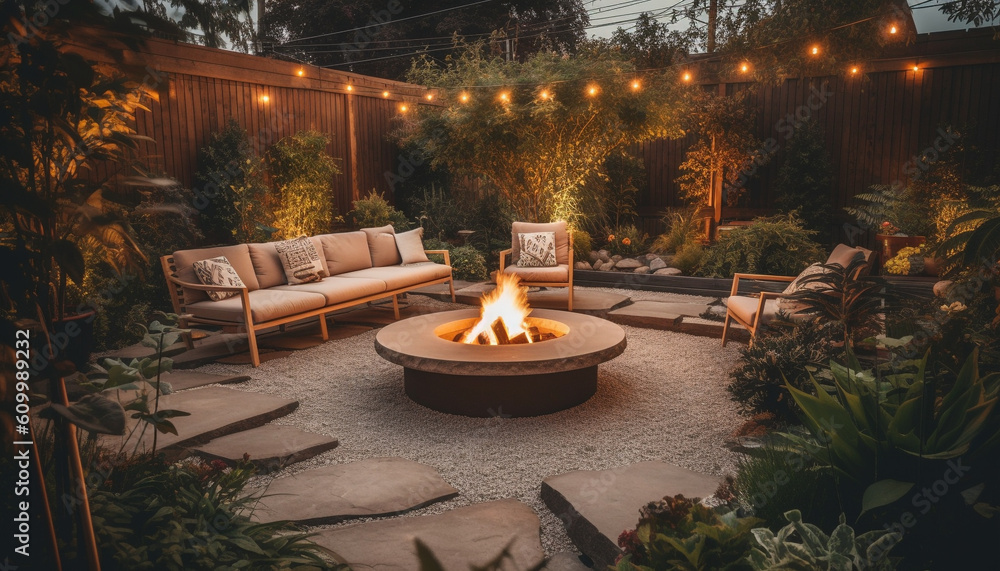 Glowing lantern illuminates modern living room with burning firewood generated by AI