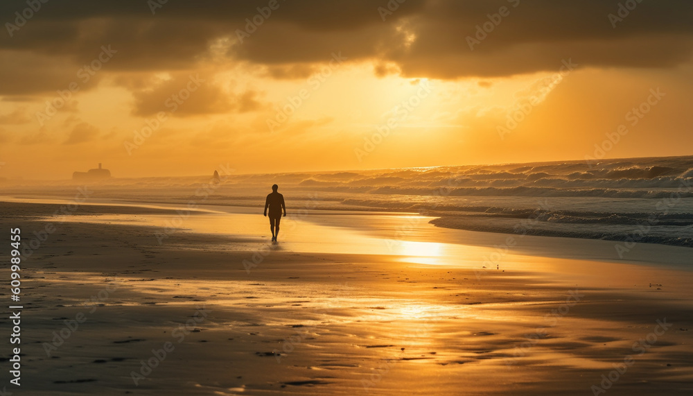 Serene people at waters edge, copy space for sunset silhouette generated by AI