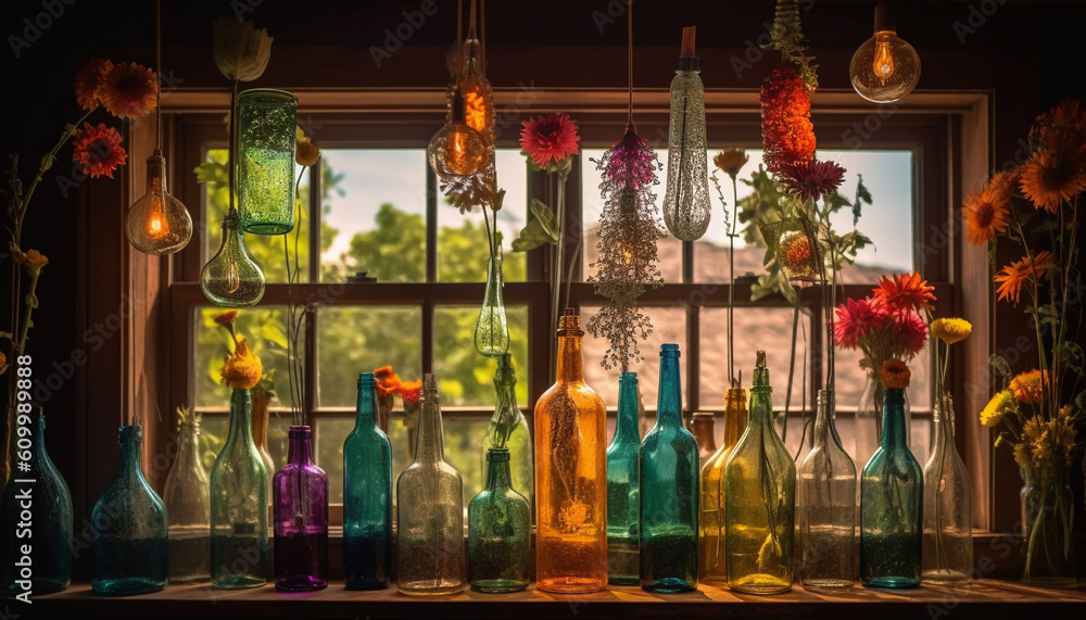 Bright yellow bouquet illuminated by lantern on old fashioned wooden shelf generated by AI