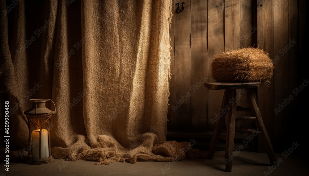 Rustic lantern illuminates old fashioned wooden table in cozy living room generated by AI