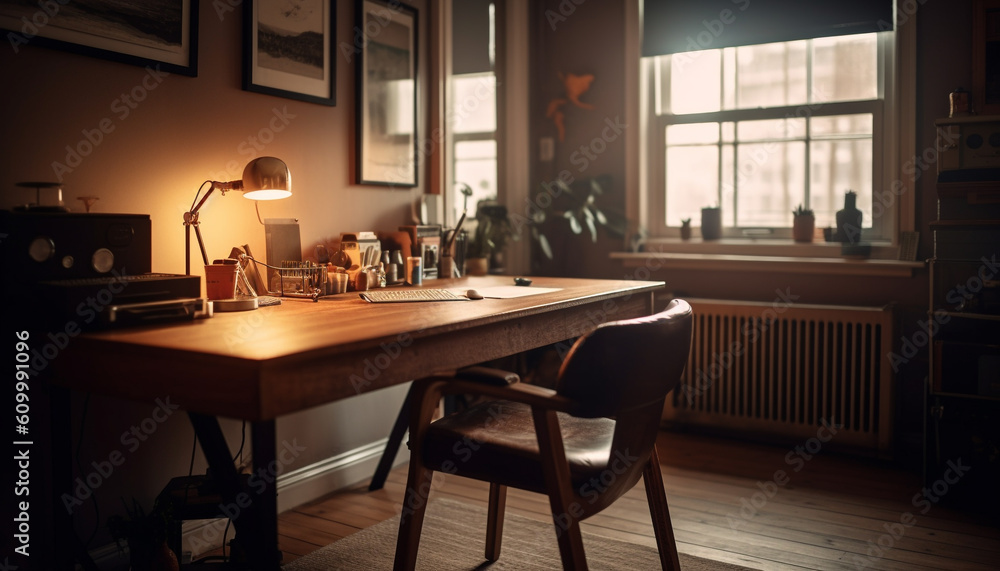 Modern apartment with old fashioned decor, illuminated by back lit technology generated by AI