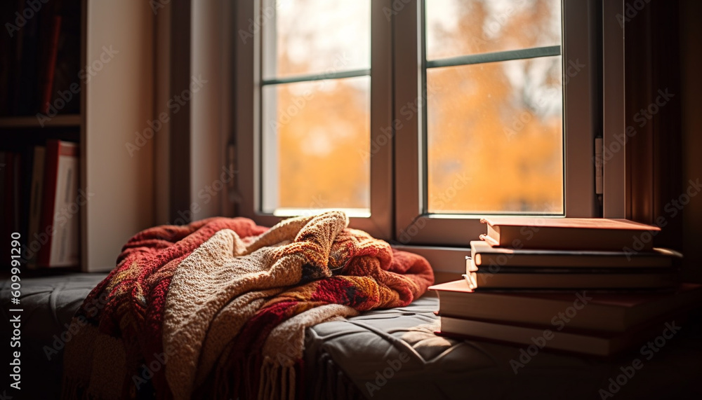 Cozy autumn reading nook in modern apartment with rustic decor generated by AI