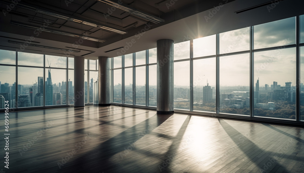 Modern urban skyline reflects in clean glass of futuristic skyscraper generated by AI