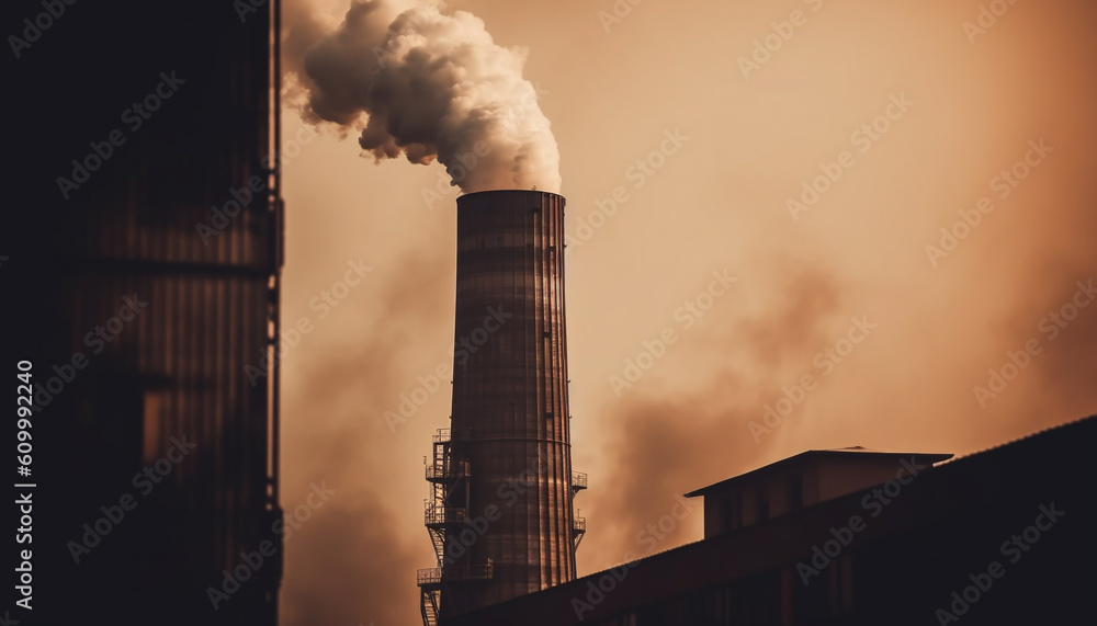 Industrial factory emits smoke, polluting nature atmosphere at dusk generated by AI