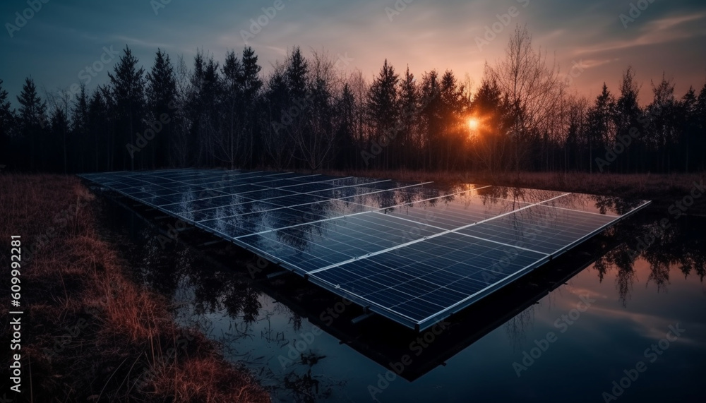 Sunset reflection on solar panel farm generates sustainable energy for industry generated by AI