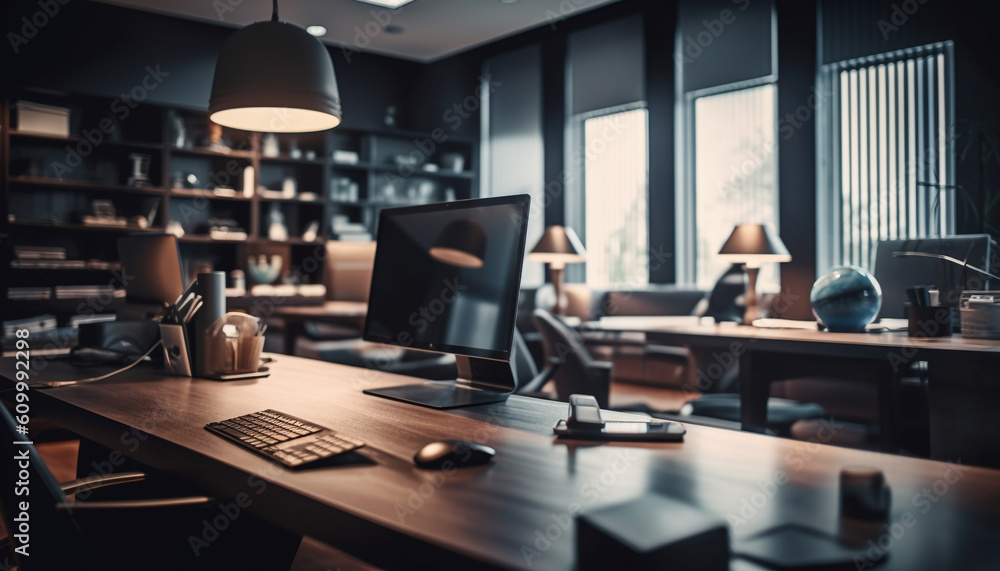 Modern office design with computer equipment on desk and chair generated by AI