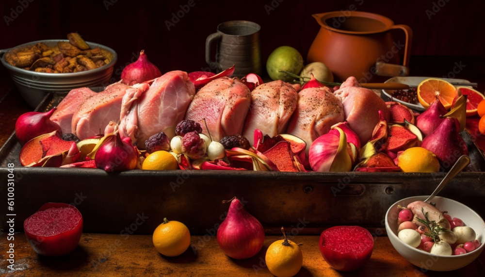 Grilled meat and vegetables on rustic wooden table for healthy meal generated by AI