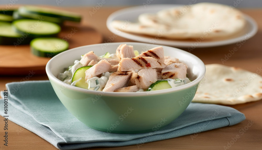 Fresh vegetable salad with grilled chicken and avocado on bread generated by AI