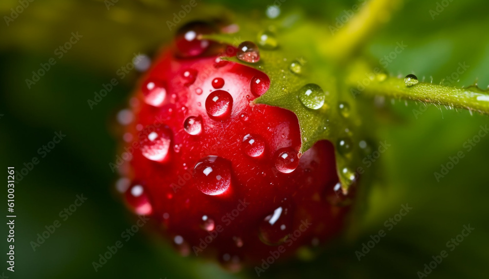 Juicy ripe strawberry, a drop of dew, nature sweet refreshment generated by AI