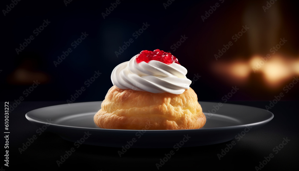 Homemade baked pastry item with whipped cream and fruit decoration generated by AI