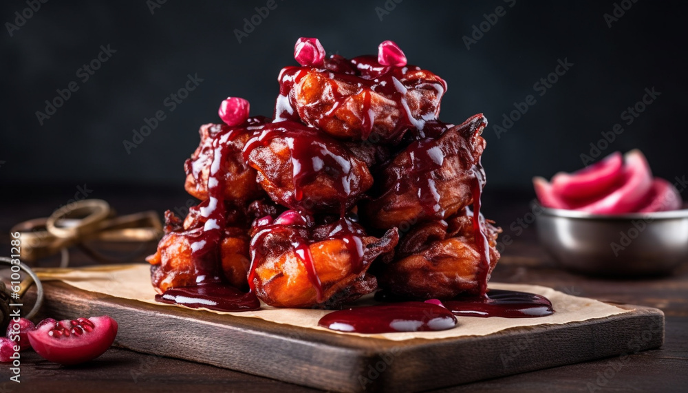 Grilled pork with homemade barbecue sauce on a rustic plate generated by AI