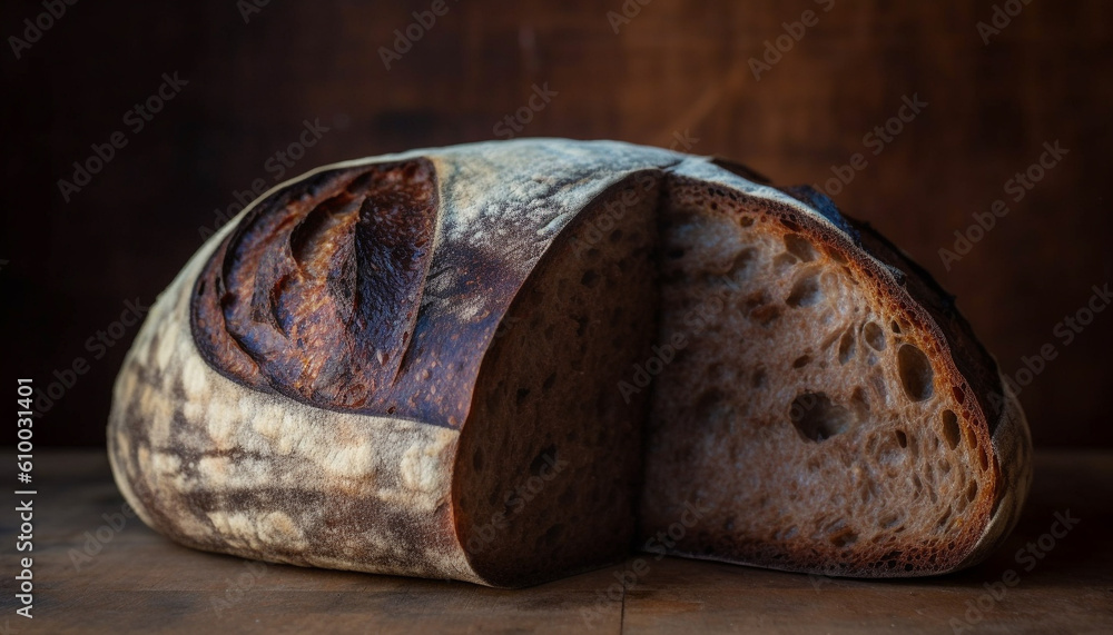 Freshly baked bread on rustic cutting board, perfect for healthy eating generated by AI