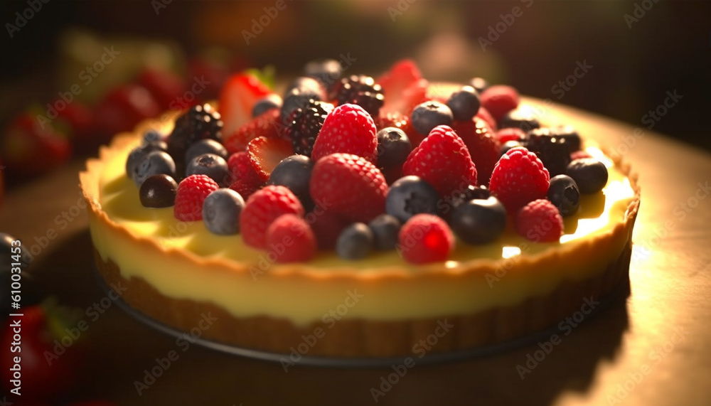 Fresh berry tart with homemade cream, baked to perfection generated by AI