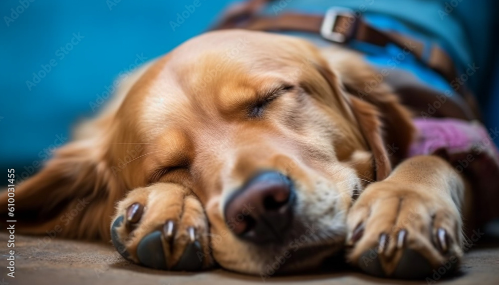 Cute purebred puppy sleeping outdoors, nose resting on blue flooring generated by AI