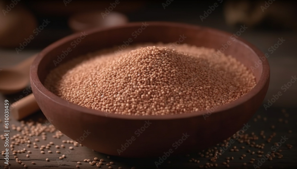 Organic ingredients in wooden bowl on table, healthy eating still life generated by AI