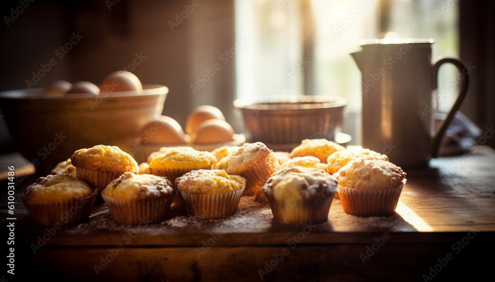 Homemade gourmet muffins on rustic wood table, ready to eat indulgence generated by AI