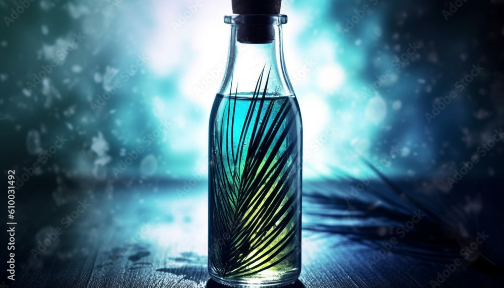 Transparent blue liquid in bottle, a science of alcohol design generated by AI