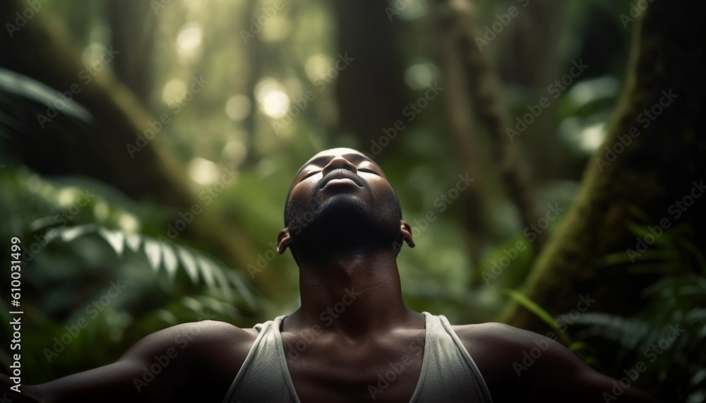 Young African athlete meditating in tranquil forest, eyes closed, smiling generated by AI