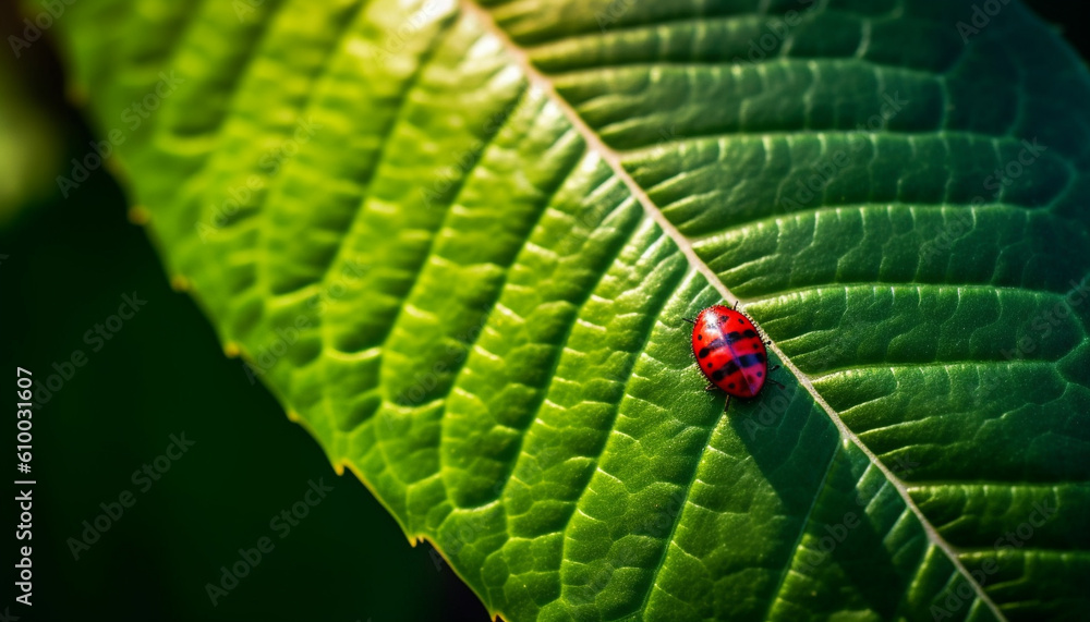 Vibrant ladybug spotted on fresh green leaf in summer meadow generated by AI