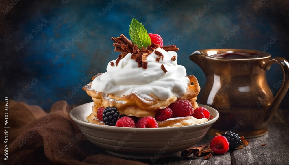 Rustic homemade dessert plate with berry fruit and whipped cream generated by AI