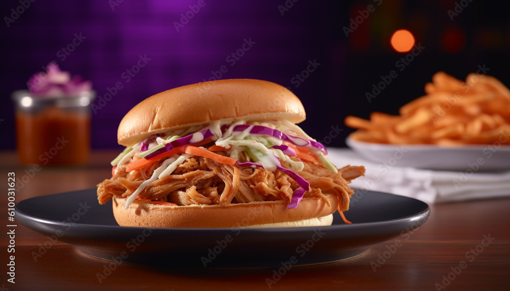 Grilled beef and pork sandwich with coleslaw and French fries generated by AI