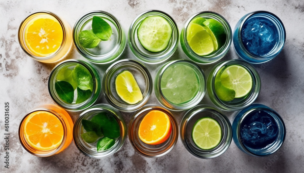 Multi colored fruit cocktail arranged on table, high angle view generated by AI