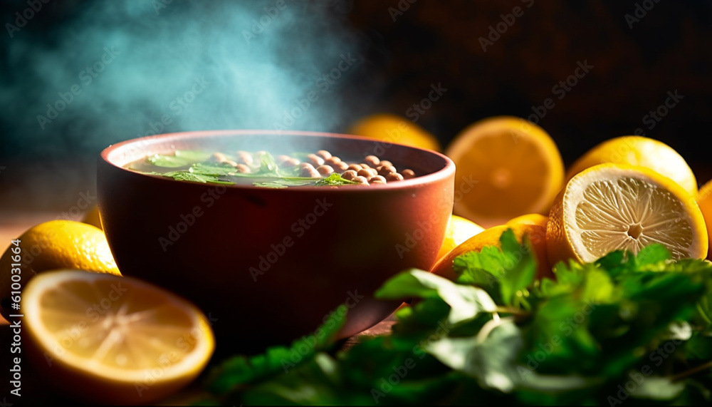 Fresh lemon and lime slices on a wooden table with herbs generated by AI