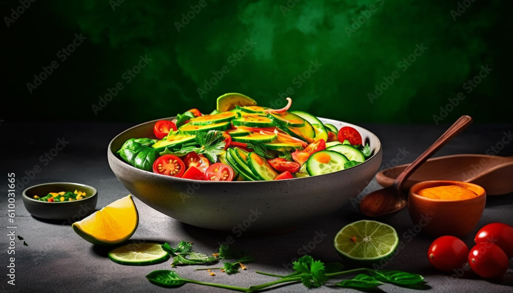 Fresh vegetarian salad bowl with organic leaf, tomato, and cilantro generated by AI