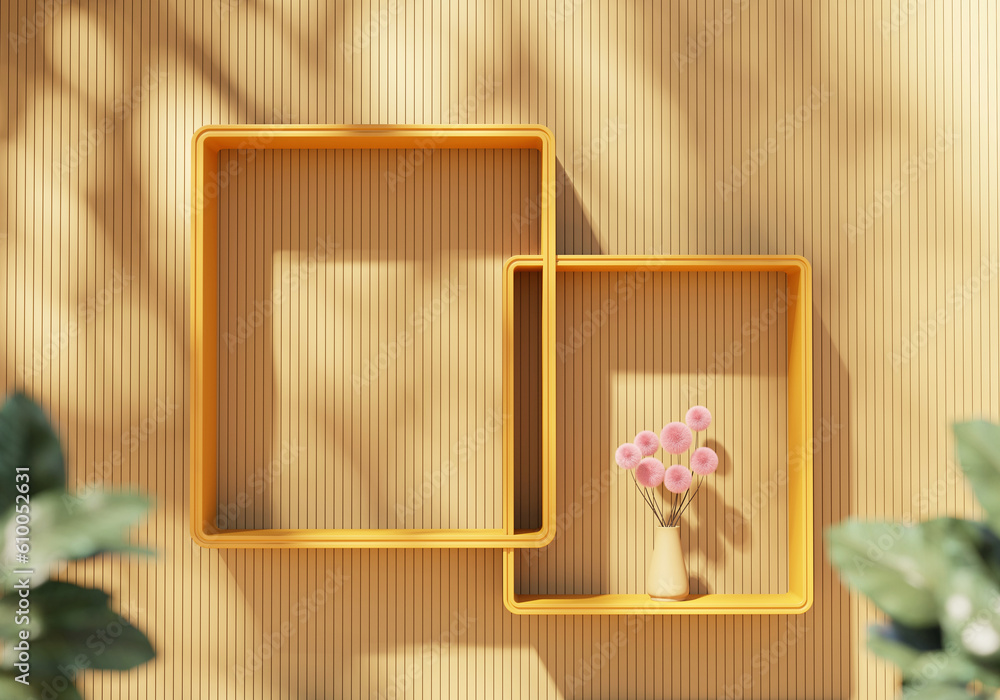 Abstract yellow shelf showcase for product display 3d rendering background