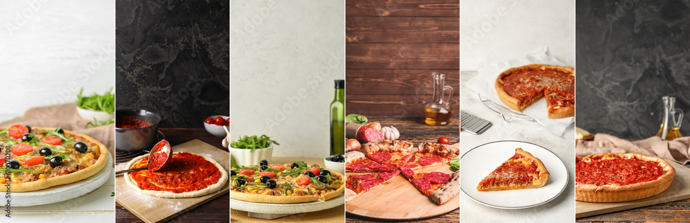 Collage with different yummy pizzas